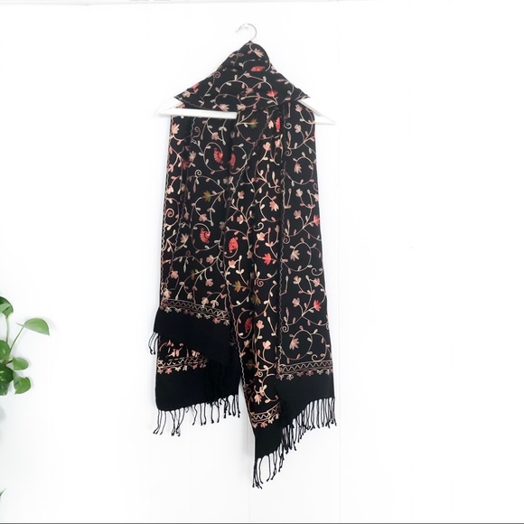 Embroidered Black Pashmina Scarf - Picture 1 of 2